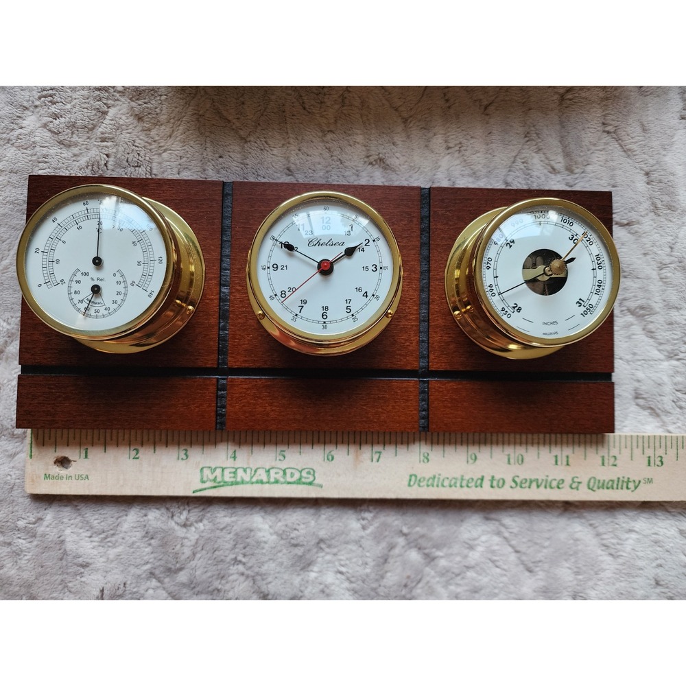 Chelsea Clock Co Nautical Weather Station Barometer Clock Hygrometer Wood Base